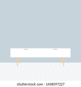 Nordic tv stand in modern empty room. Empty clean wall and wooden floor. Minimal living room. Home interior. Vector illustration, flat design