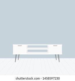 Nordic tv stand in modern empty room. Empty clean wall and wooden floor. Minimal living room. Home interior. Vector illustration, flat design