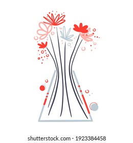 Nordic vase with a bouquet of flowers vector flat logo. Abstract minimalist vase with a floral arrangement of red blue flowers and dots clip art. Home decor isolated on white background.