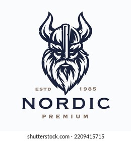 Nordic Viking Logo. Norse Warrior Symbol. Fierce Horned Barbarian Helmet Icon. Norseman Odin Emblem. Vector Illustration.