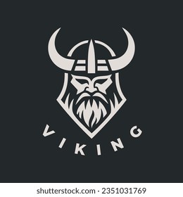 Nordic viking logo. Norse warrior icon. Horned barbarian helmet symbol. Norseman Odin emblem. Vector illustration.