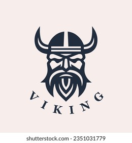 Nordic viking logo. Norse warrior icon. Horned barbarian helmet symbol. Norseman Odin emblem. Vector illustration.