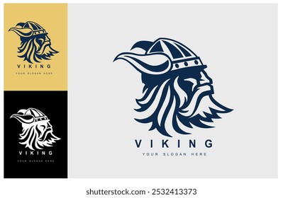 Logotipo Nórdico Viking. Design de guerreiro nórdico. Símbolo nórdico com chifres.
Capacete de chifre e latão. Mitologia nórdica. Design para slogan. Capacete guerreiro Viking isolado em várias cores.