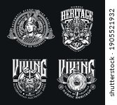 Nordic viking vintage emblems set with inscriptions pretty valkyrie scandinavian warriors battle axes shield sword in monochrome style isolated vector illustration