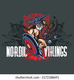 Nordic vikings with sword and two black and white Barbarian warriors