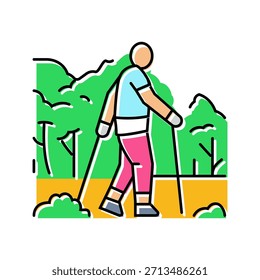 Icono de color del sendero del bosque del caminante nórdico. Vector del sendero del bosque del caminante nórdico. ilustración aislada del símbolo