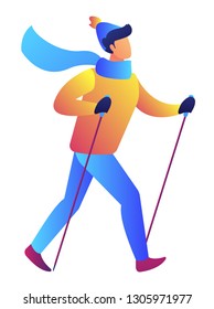Nordic walker in winter clothes exercises with walking poles vector illustration. Fitness and healthy lifestyle, scandinavian walking, outdoor activity concept. Isolated on white background.