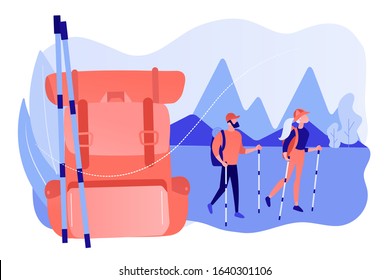Nordic walking, backpacking holiday, healthy activity. Summer hiking, summer hiking family trip, explore the nature, best hiking trails concept. Pinkish coral bluevector isolated illustration