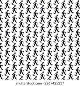 Nordic walking - continuous black and white pattern in vector graphics for packaging, tableware, fabric.
