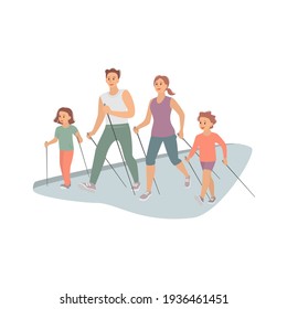 Nordic Walking, Family Healthy Activity. Vector Illustration.