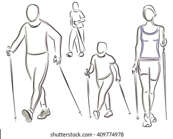 Nordic walking, figures of people walking with sticks