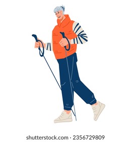 Nordic walking is a full-body workout and sport for elderly people and all fitness levels. Elderly woman does Nordic walking workout, flat vector isolated.