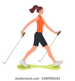 Nordic walking. Girl wearing sportswear and sneakers is doing sports. Scandinavian walking. Nordic walking with special poles. Healthy lifestyle, leisure time, outdoor sport. Flat cartoon vector