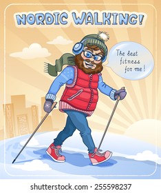 Nordic Walking. Happy Hipster Walking with Poles along Snowy Road at Dawn. Vector Background.