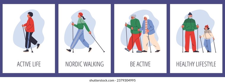 Nordic walking and healthy lifestyle promotion posters set, flat vector illustration. Diverse people exercising with walking poles. Young and elderly characters staying active.