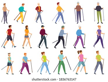 Nordic walking icons set. Cartoon set of nordic walking vector icons for web design