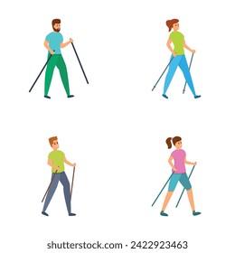 Iconos nórdicos para caminar establecen el vector de dibujos animados. Gente haciendo caminatas nórdicas. Deporte, actividad al aire libre