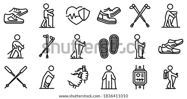 Nordic walking\
icons set. Outline set of nordic walking vector icons for web\
design isolated on white\
background