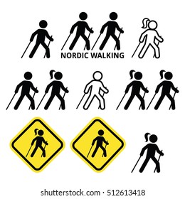 Nordic Walking, people walking outdoors with sticks icons set 