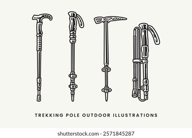 nordic walking pole, trekking poles, hiking sticks, hiking poles vintage outline illustration vector element designs collection set for adventure, camping, explorer, mountaineering