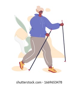 Nordic Walking Senior Woman In Sport Suit Doing Outdoor Exercises. Healthy Active Life Vector Concept.