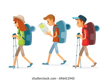 Nordic walking. Set group of young tourists traveling people walking with walking poles, ski poles, travel bag backpack and map,going on vacation trip.Travelers collection .Travel and tourism concept.