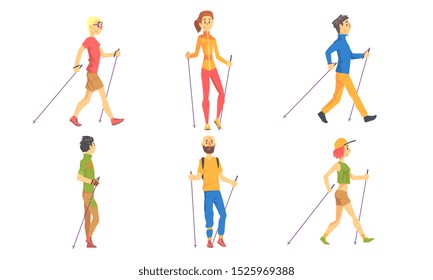 Nordic Walking Set, People Outdoor Activity, Healthy Lifestyle, Sport Activities Vector Illustration