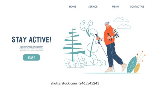 Nordic walking sport and active lifestyle choice for the elderly and seniors, concept for website banner or poster, flat vector illustration.