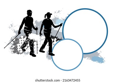 Nordic walking sport graphic with text buttons.