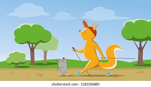 nordic walking,  squirrel and mouse wolking on road, sun day, summer, healthy lifestyle, forest, nordic walking,  squirrel and mouse waking on road, sun day, summer, healthy lifestyle, forest