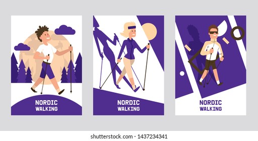 Nordic walking supplies people leisure sport time cards vector illustration. Active nordwalk man and woman summer exercise. Outdoor fitness active characters. Trekking walker jogging person.