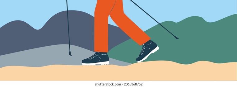 Nordic walking. Trek. Hiking. Trekking. Backpacking. Hiker in hiking shoes with nordic walking sticks. Active leisure. Health lifestyle. Outdoor recreation activity. Flat vector illustration. Isolated