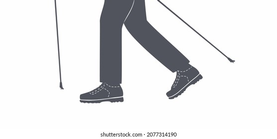 Nordic walking. Trek. Hiking. Trekking. SVG. Silhouette. Backpacking.Hiker in hiking shoes , nordic walking sticks.Active leisure. Health lifestyle. Outdoor activity.Flat vector illustration. Isolated