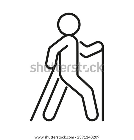 Nordic walking, trekking, line icon. Person walk with sticks, poles. Accessible sport activities for health. Vector sign illustration