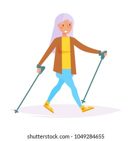 Nordic walking. Vector. Cartoon. Isolated art on white background. Flat