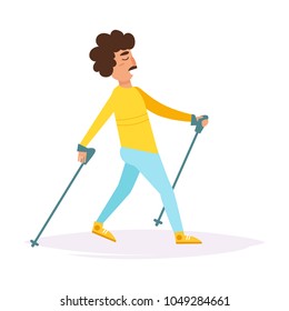 Nordic walking. Vector. Cartoon. Isolated art on white background. Flat