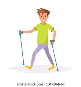 Nordic walking. Vector. Cartoon. Isolated art on white background. Flat