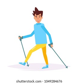 Nordic walking. Vector. Cartoon. Isolated art on white background. Flat