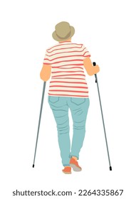 Nordic walking vector illustration isolated on white background. Senior person hiking outdoor in park. Old lady walking with sticks. Woman walking nordic style with sticks. Active woman. Recovery time