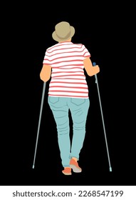 Nordic walking vector illustration isolated on black background. Senior person hiking outdoor in park. Old lady walking with sticks. Woman walking nordic style with sticks. Active woman. Recovery time