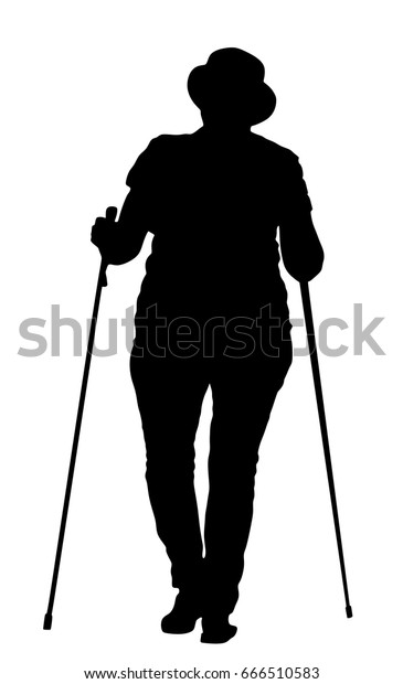 白い背景にノルディックの歩行ベクターシルエットイラスト 公園でハイキングをしている高齢者 老婦人が杖を持って歩いていた スティックを持つノルディック歩きの女性 活動的な女性 のベクター画像素材 ロイヤリティフリー