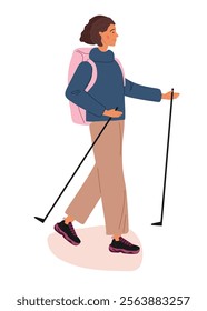 Nordic walking. Young girl wearing casual clothes engaged in scandinavian walking. Nordic walking with special poles. Healthy lifestyle, leisure time, outdoor sport. Colored flat cartoon vector