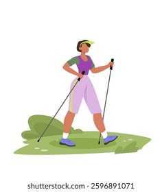 Nordic walking. Young woman with sticks training in park. Sport, outdoor activity, healthy lifestyle. Flat vector illustration isolated on white background