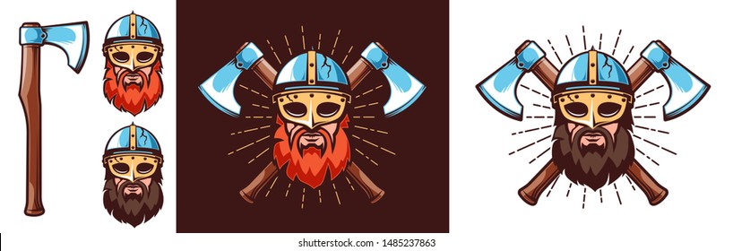Nordic warrior logo - bearded Viking in helmet with mask and crossed battle axes. Vector illustration.
