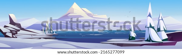 Nordic winter landscape with white mountains, snow and firs on sea shore. Vector cartoon illustration of northern nature panorama with snowy rocks, coniferous trees, river or lake with ice