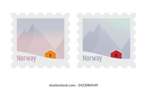 Paisajes nórdicos de invierno con una colorida cabaña de madera rodeada de montañas. Ilustración vectorial de sellos postales aislados en fondo blanco. Perfecto para promocionar a Noruega como destino de viaje