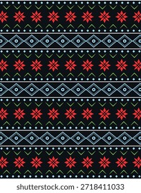 Patrón de invierno nórdico con copos de nieve rojos y adornos geométricos sobre fondo oscuro