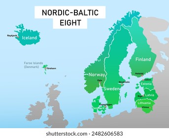 Nordic-Baltic Eight map. Vector education illustration