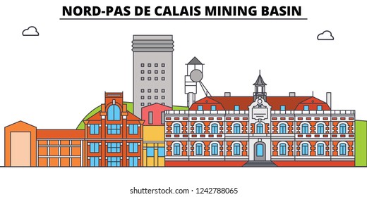 Nord-Pas De Calais Mining Basin  line travel landmark, skyline, vector design. Nord-Pas De Calais Mining Basin  linear illustration.  svg