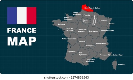 Nord-Pas-de_calais Map, Nord-Pas-de_calais red highlighted in 🇫🇷 FANCE 🇫🇷 map, flat design illustration vector